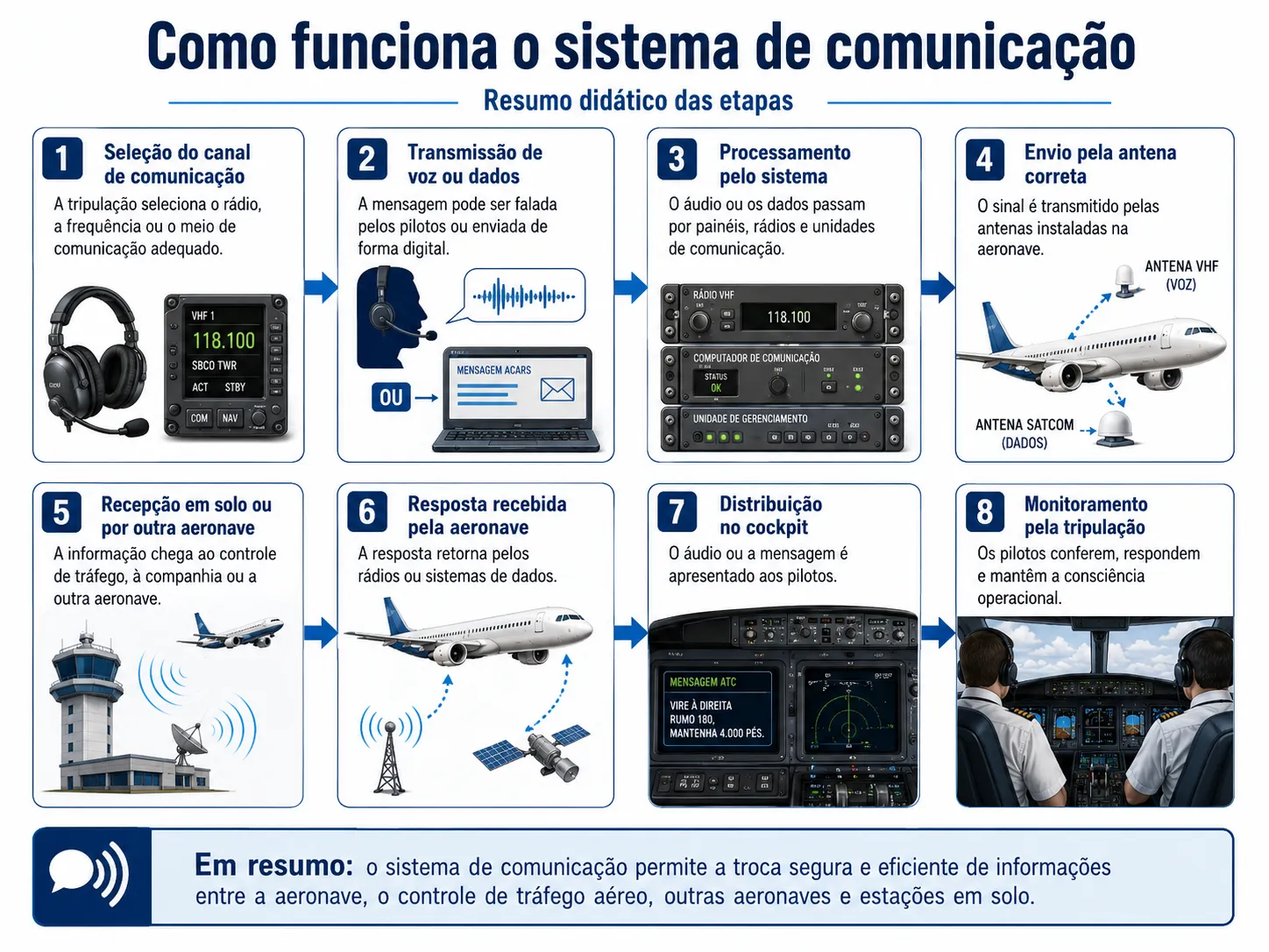 Resumo didático do sistema de comunicação em aeronave comercial
