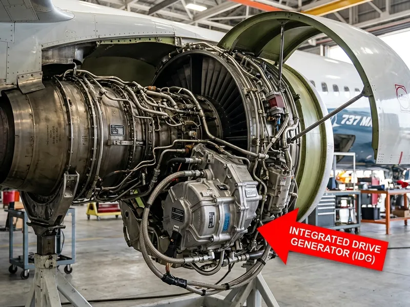 Integrated Drive Generator instalado no motor direito de um Boeing 737, mostrando sua posição no conjunto do motor.