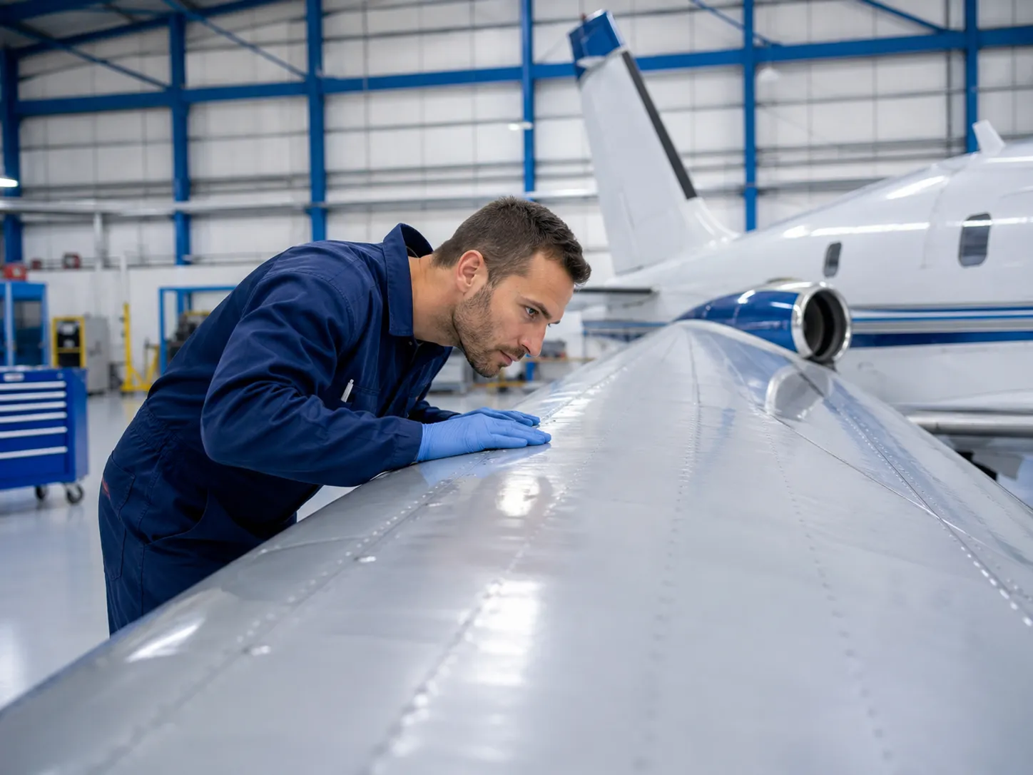 Mecânico aeronáutico inspecionando a superfície de uma aeronave