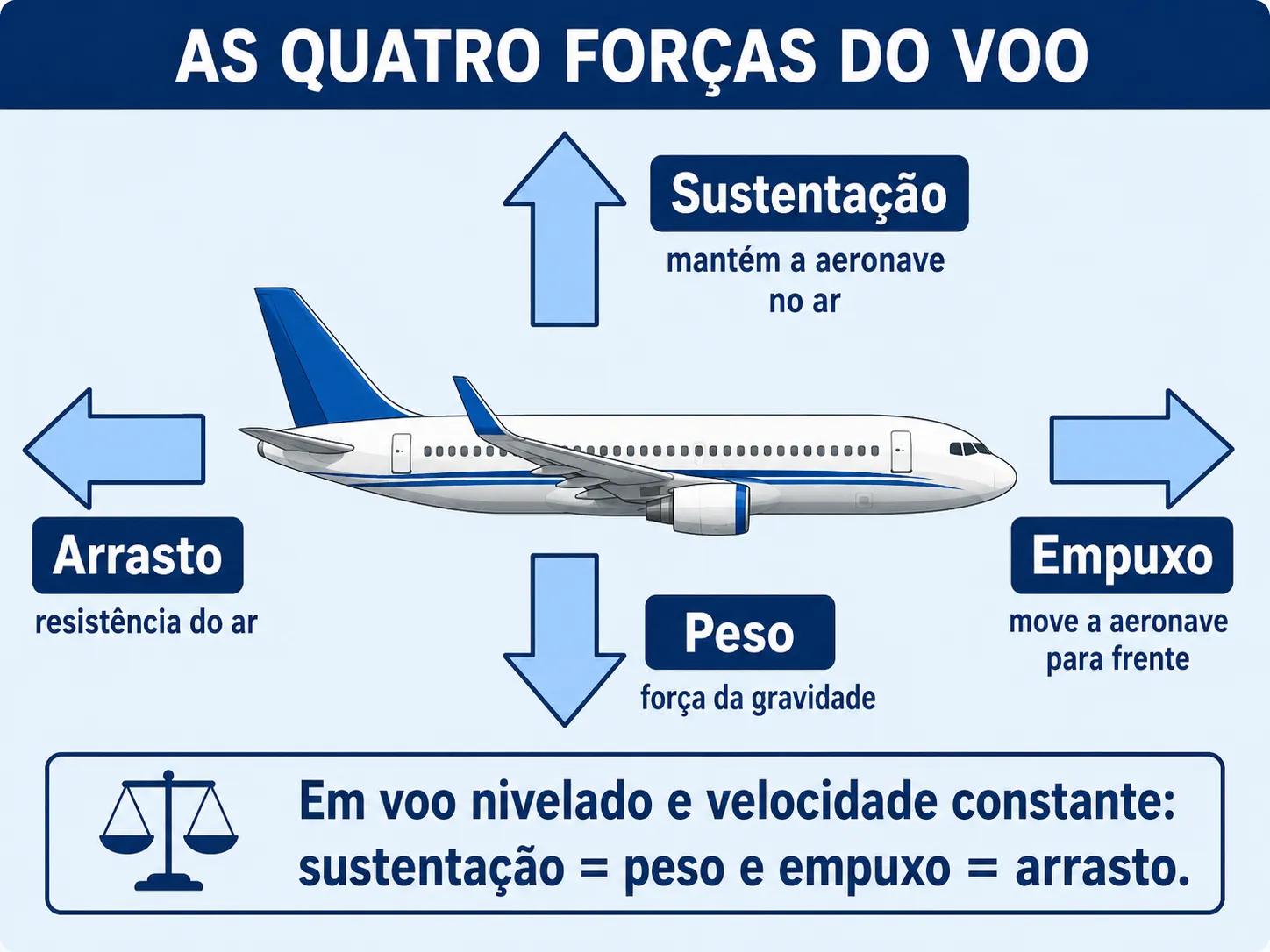 As quatro forças do voo: sustentação, peso, empuxo e arrasto