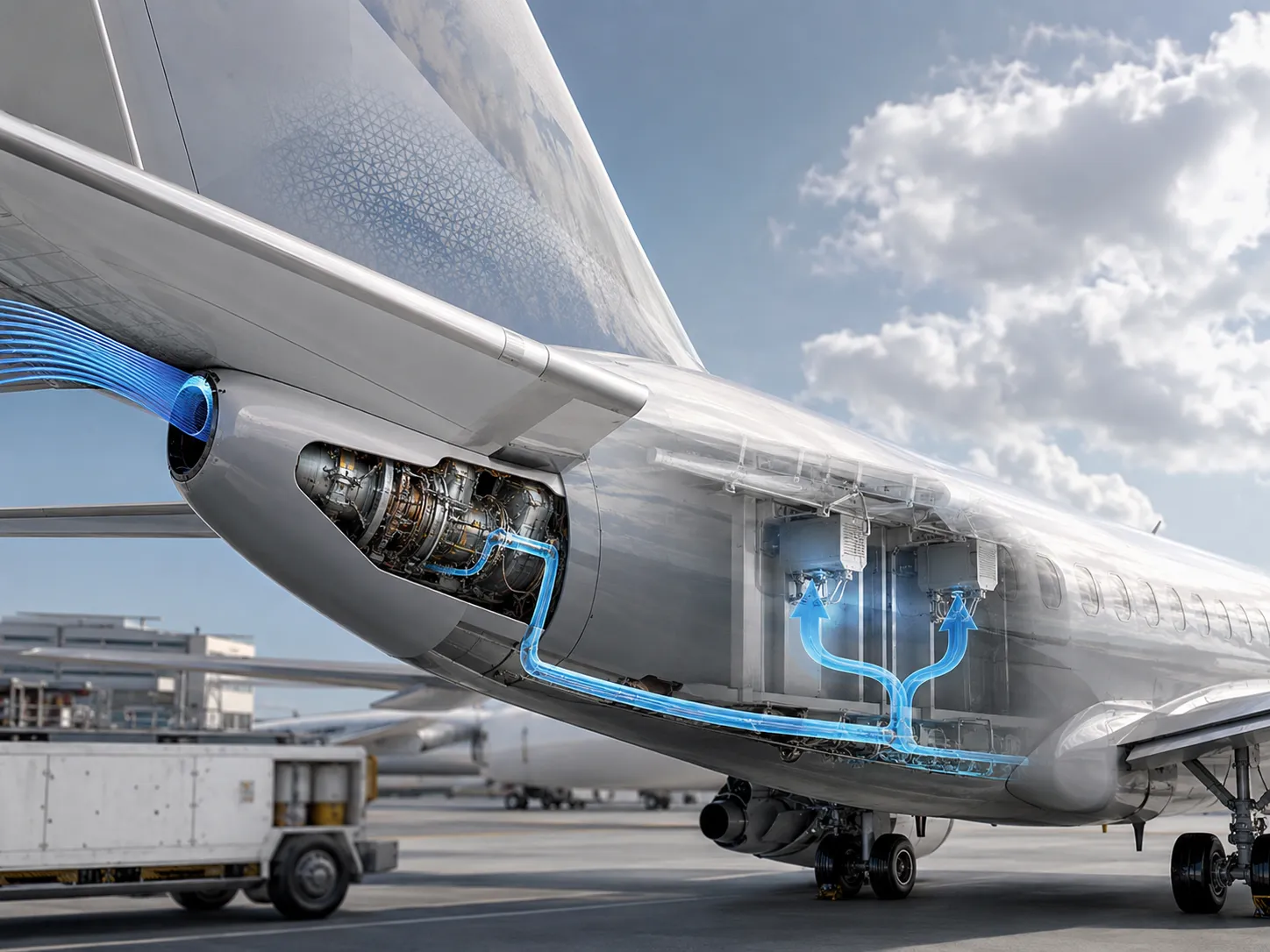 APU fornecendo ar pneumático para o sistema de ar condicionado da aeronave
