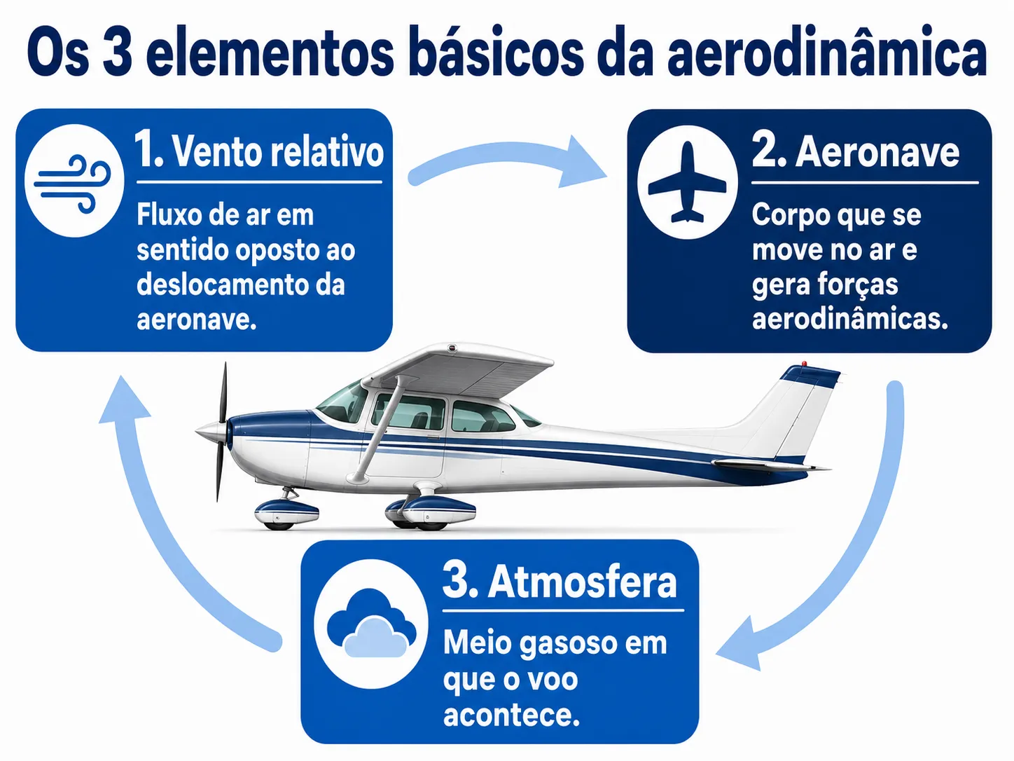 Os três elementos básicos da aerodinâmica: aeronave, vento relativo e atmosfera