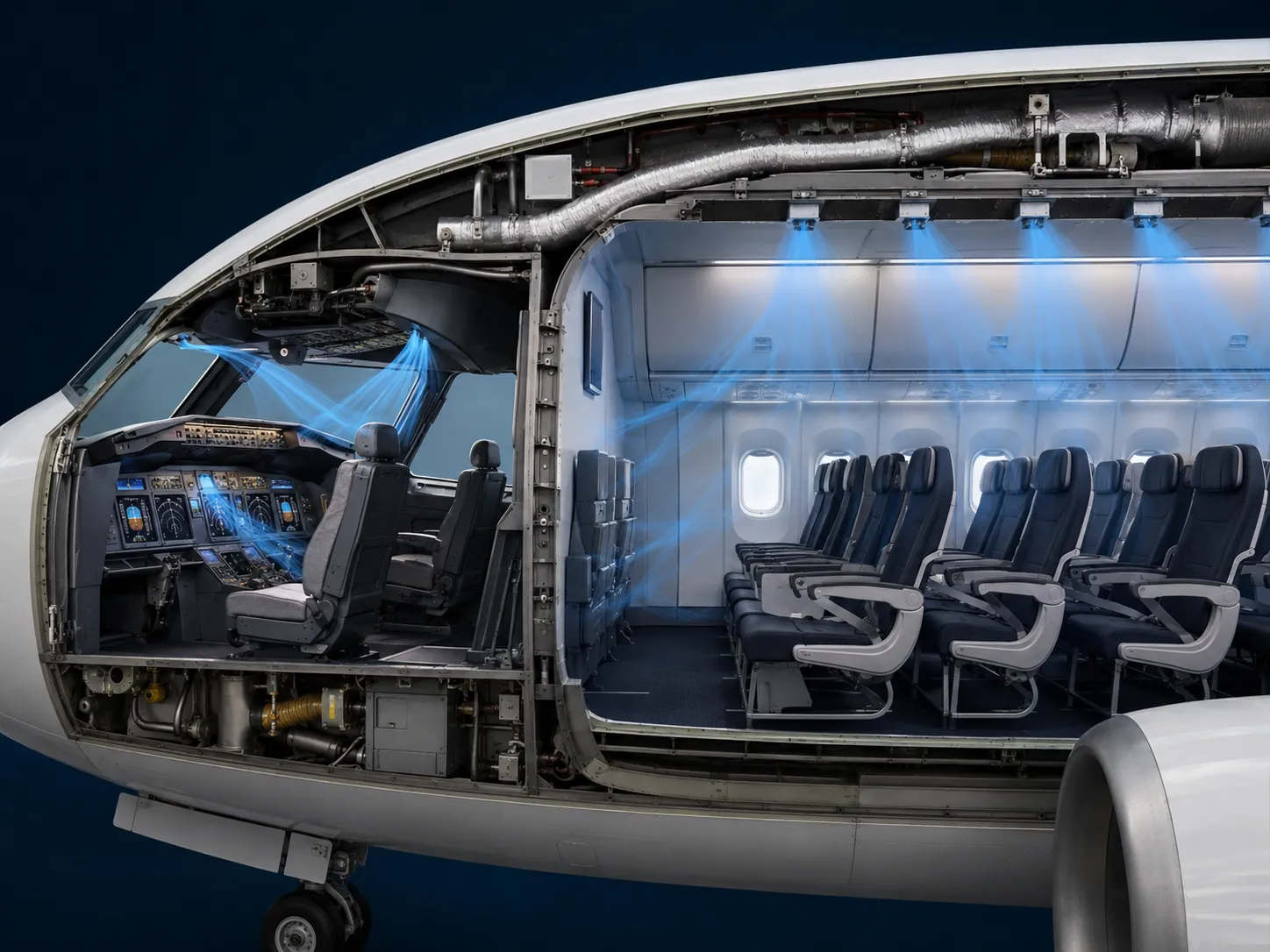 Distribuição do ar condicionado para cockpit e cabine