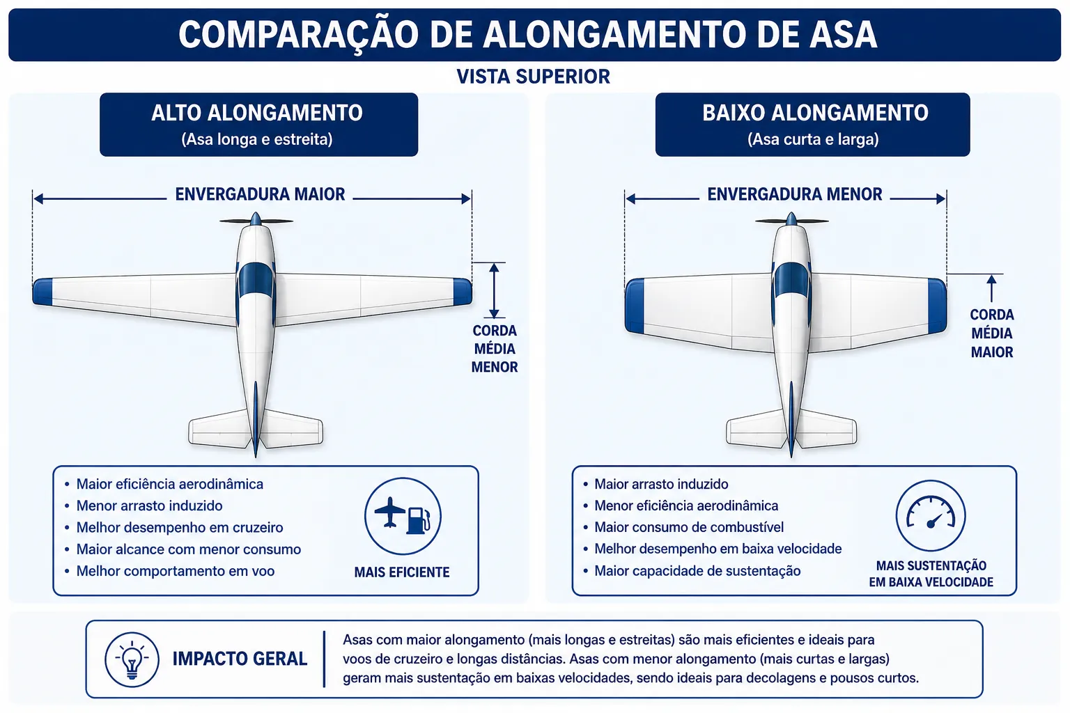 Comparação de alongamento de asa e eficiência aerodinâmica