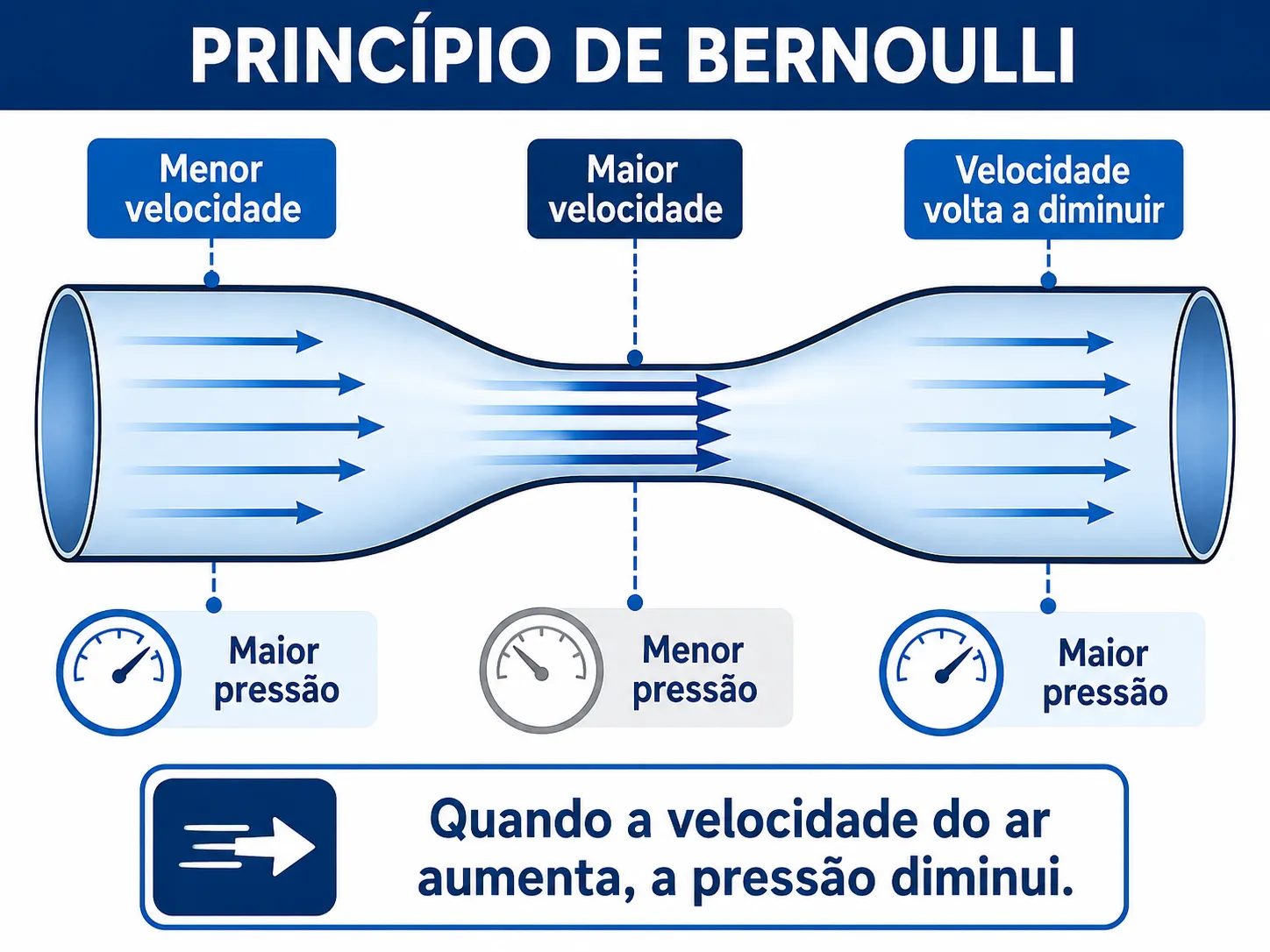Princípio de Bernoulli mostrando aumento de velocidade e redução de pressão